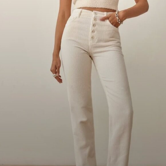 Reformation Cynthia Button Fly High Rise Straight Corduroy Pants in Cream - Picture 2 of 8